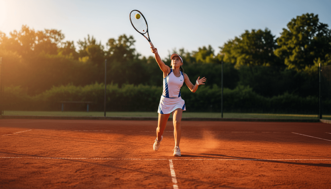 High school tennis player serving on an outdoor court