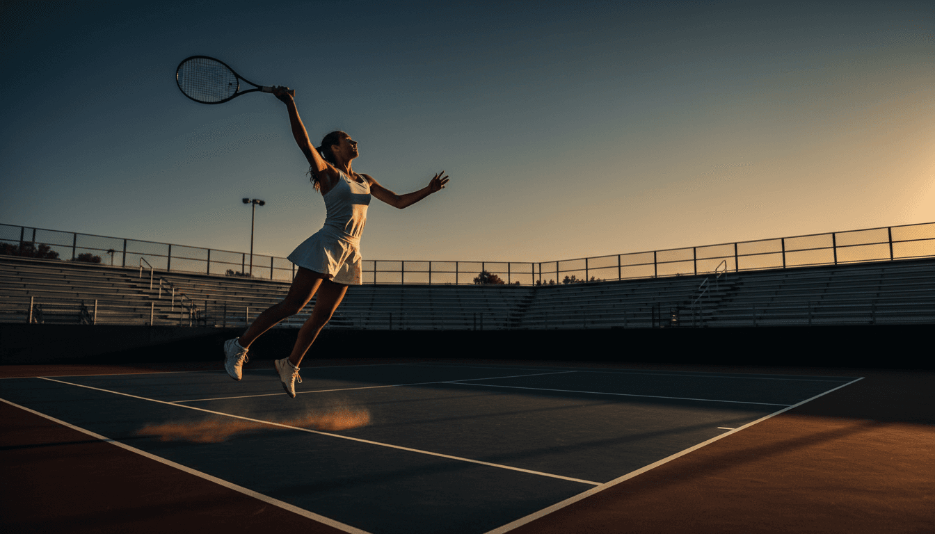 Competitive high school tennis player executing a powerful serve on a professional court