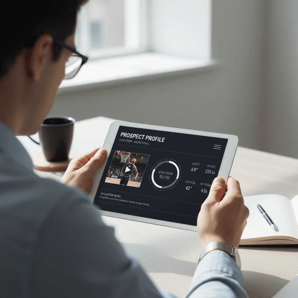 Parent and tennis player reviewing recruitment progress on tablet